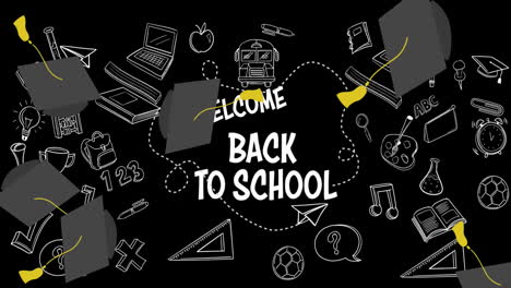 animation of graduation cap icons over welcome back to school text banner and school concept icons