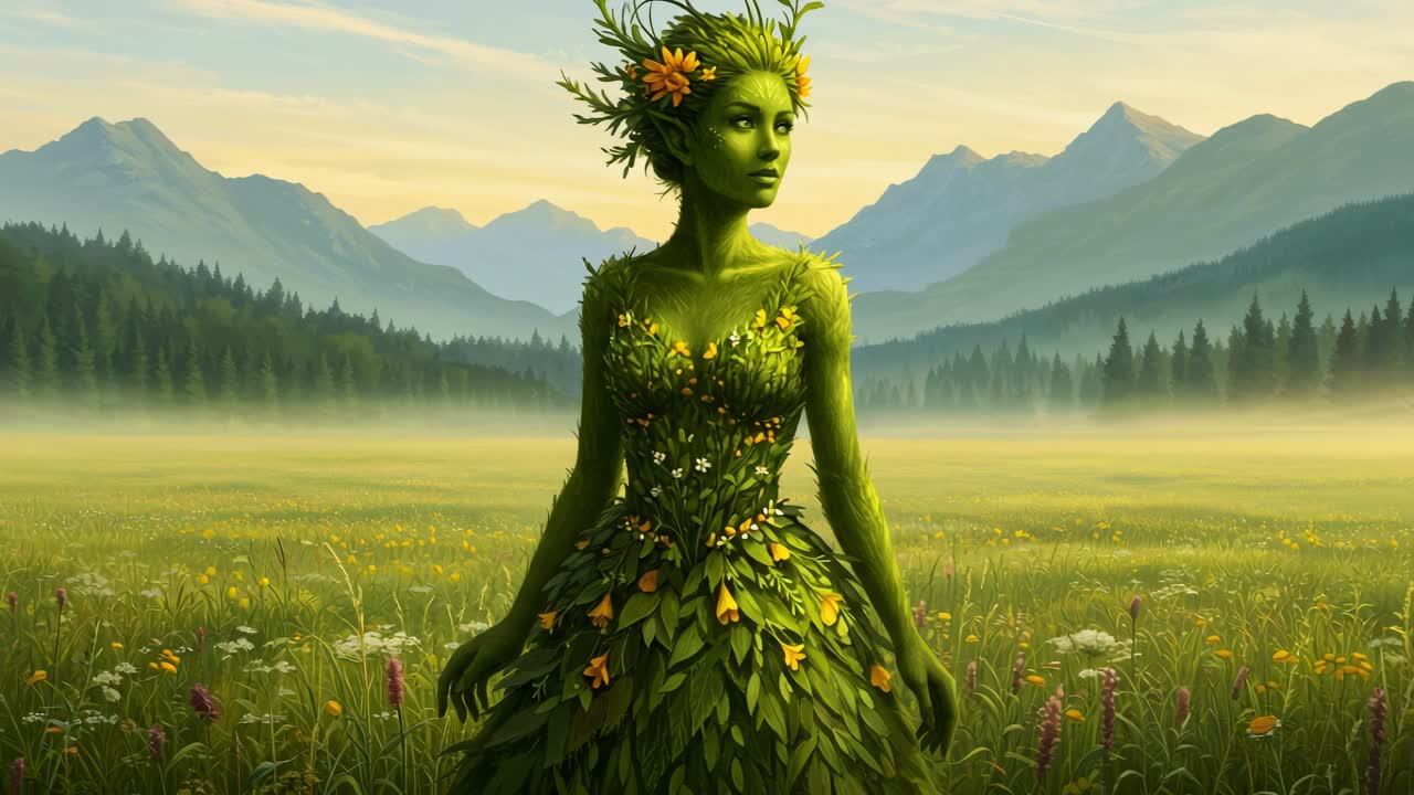 A mesmerizing figure stands gracefully in a vibrant, lush meadow, embraced by majestic mountains during the enchanting golden hour light