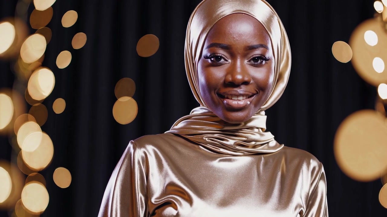 Elegante donna africana con hijab dorato che sorride alla macchina fotografica