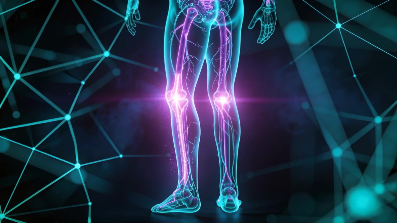 Stepping hologram model on animation start in virtual lab, showing gait mechanics and magenta knees