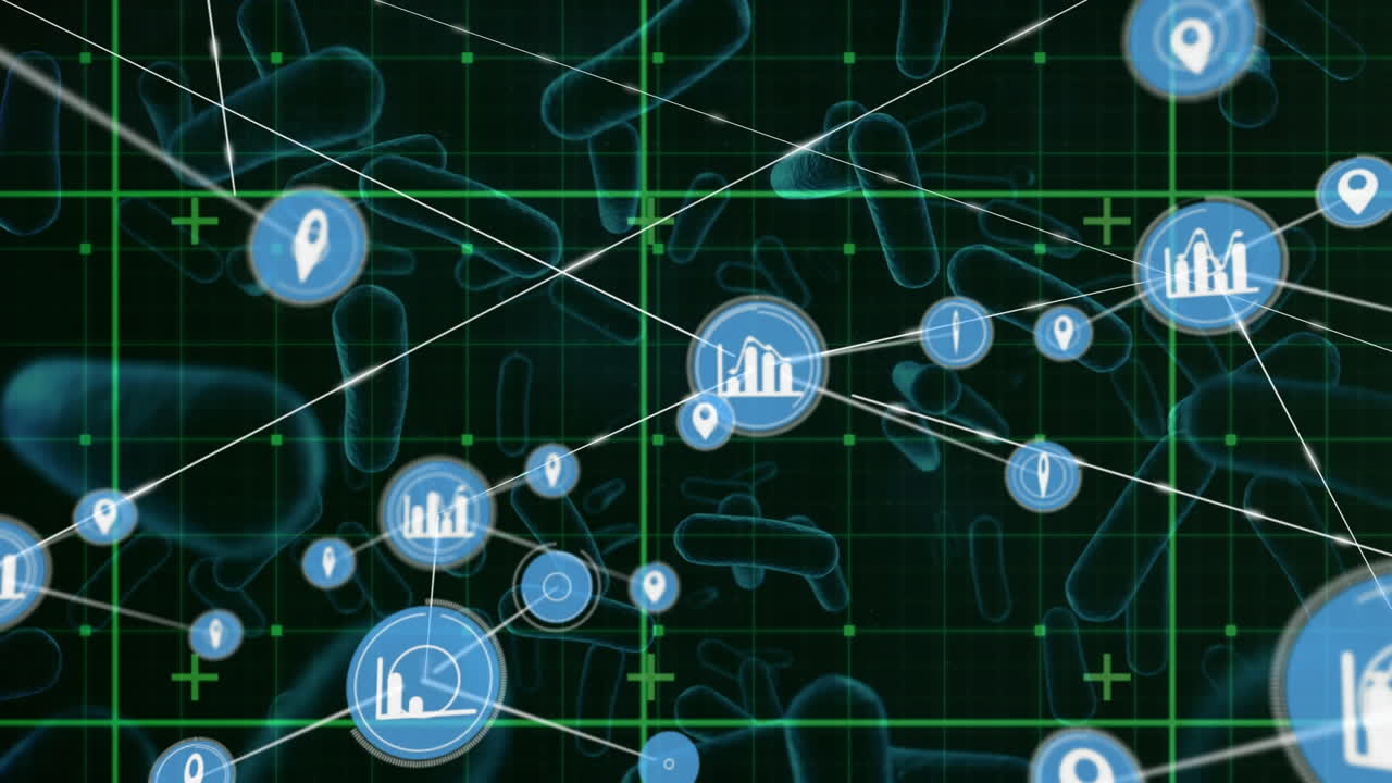 red de iconos digitales sobre red de cuadrícula contra múltiples vasos sanguíneos en fondo azul