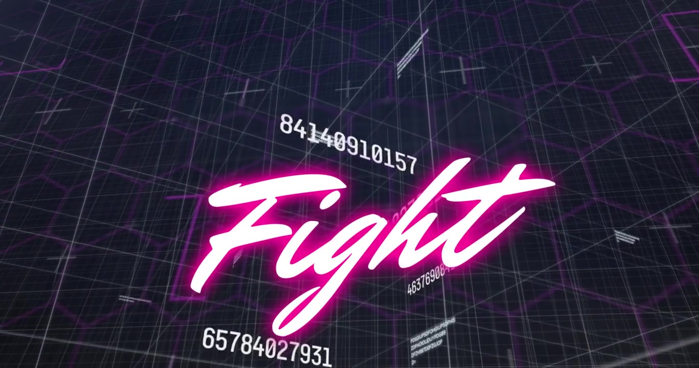 Animazione del testo 'fight' su elaborazione dati.