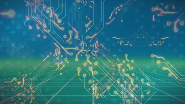 Animation of glowing microprocessor connections over green grid network on blue background