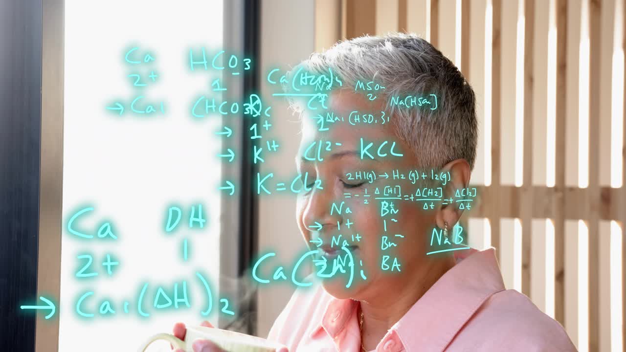 Mature woman sipping mug beside window, teal equations appearing across face, visualizing research