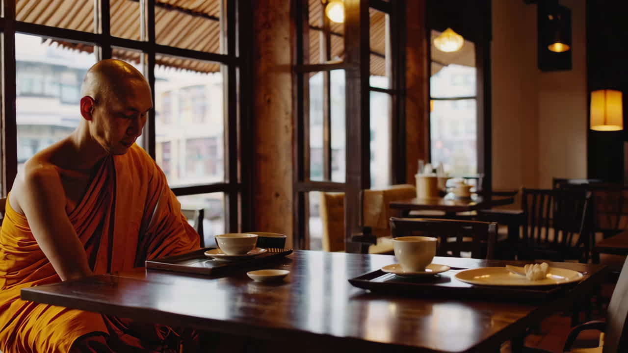 레스토랑 에서 차 를 마시는 승려 들
