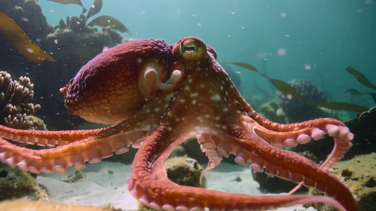 Probing octopus responding to camera approach, moving along shallow rocky reef searching for food