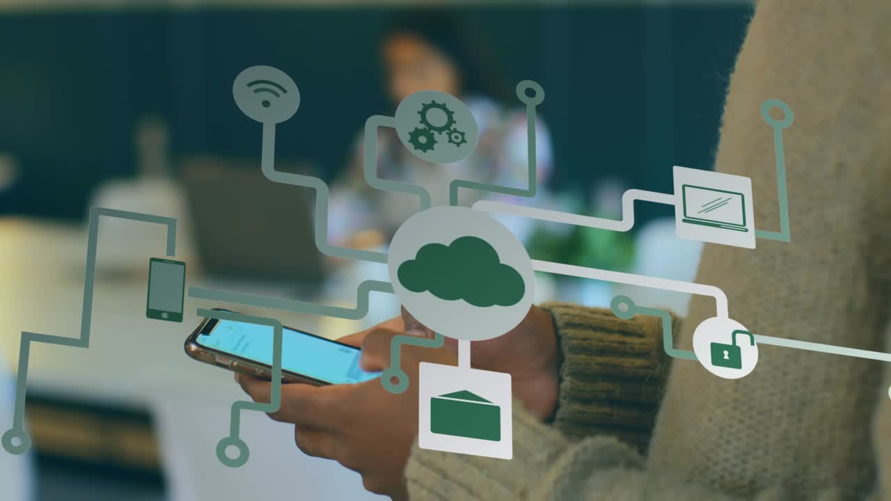 Animazione di reti di connessioni ed elaborazione dati su una studentessa che usa un tablet.