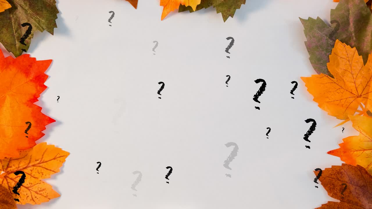 animación de signos de interrogación sobre hojas sobre fondo blanco