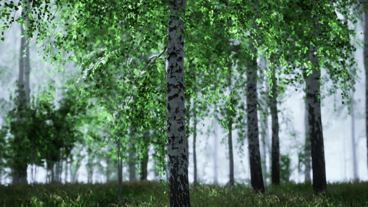 Rigoglioso paesaggio di una foresta verde con fogliame vivace durante la luce del primo mattino