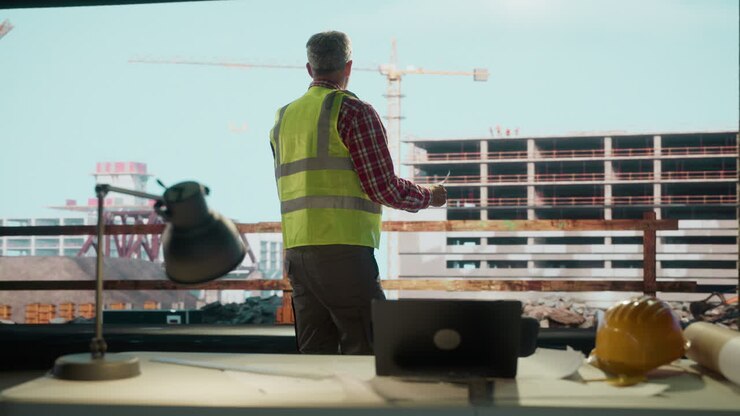 Man overlooks a construction site from an office