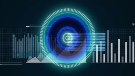 Animation-of-neon-round-scanner-over-statistical-data-processing-against-blue-background