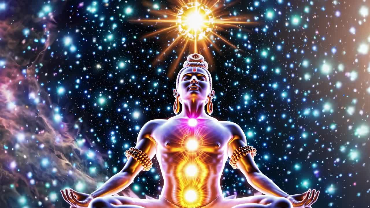 Serene male practitioner connecting with universal consciousness, glowing energy centers radiating through starry cosmic backdrop, representing inner spiritual transformation