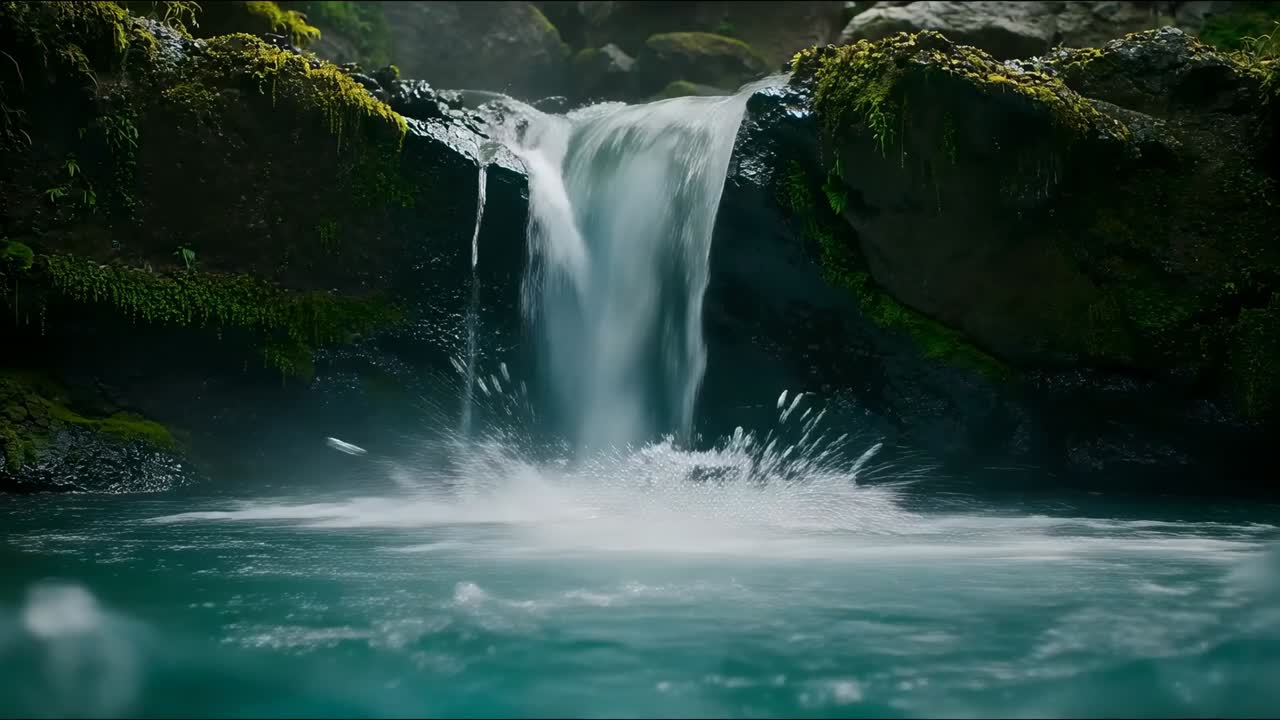 Herabstürzender Wasserfall, der von einem bemoosten Felsvorsprung fällt, trifft auf einen türkisfarbenen Pool in einer Senke und erzeugt Nebel