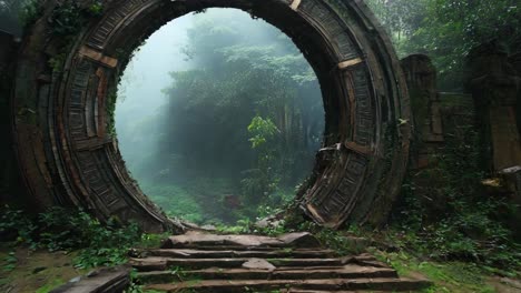 un arco de piedra en el medio de un bosque verde exuberante