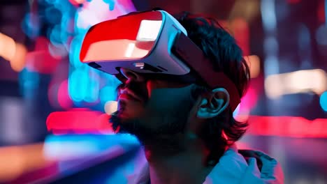 a man wearing a virtual reality headset in a dark room