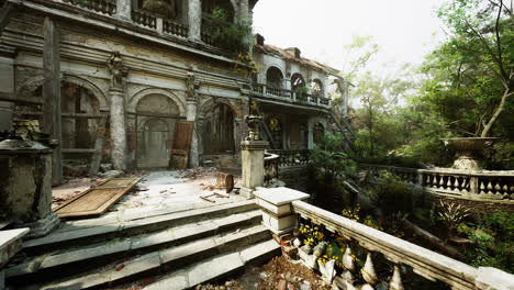 abandoned mansion overgrown with nature