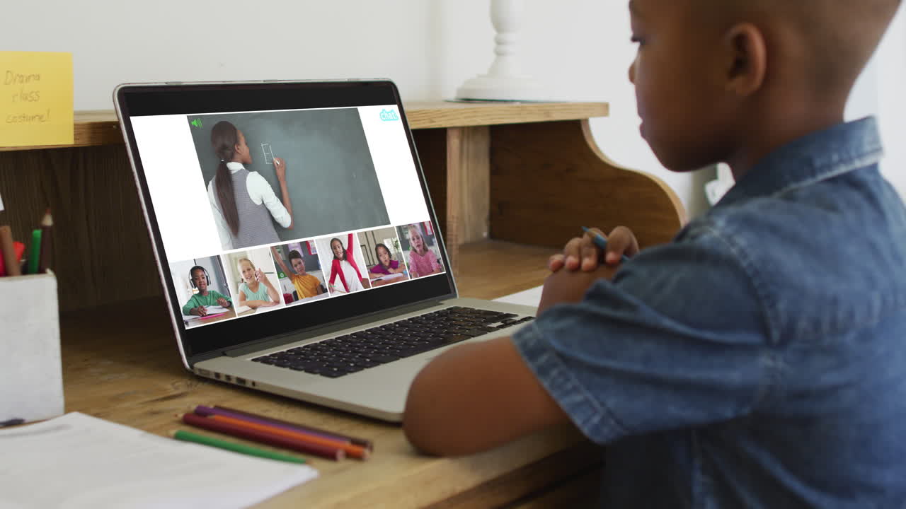 Composite video of boy using laptop, with screens of diverse class and teacher in online lesson