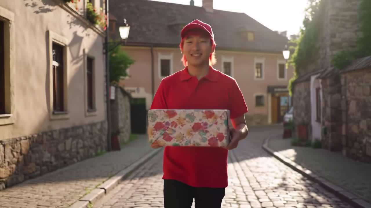 A friendly delivery person in a bright red uniform carries a beautifully wrapped box as they stroll through a quaint, cobbled street lined with charming buildings.