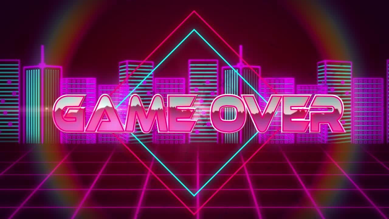 Animazione di game over su città delineata nello spazio digitale rosso