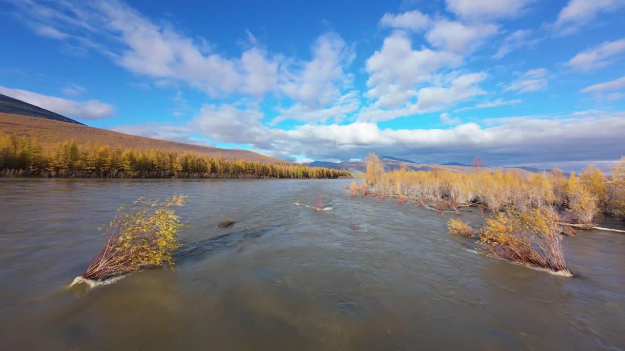 Experience the vibrant colors of autumn as a drone glides over serene rivers and golden foliage. This spectacle showcases nature’s beauty in a unique perspective under a clear blue sky.