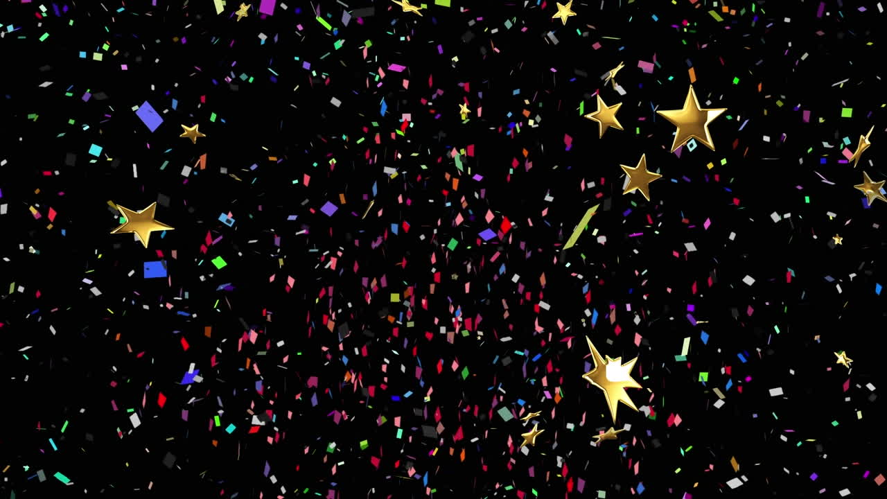 Animation of confetti and stars on black background