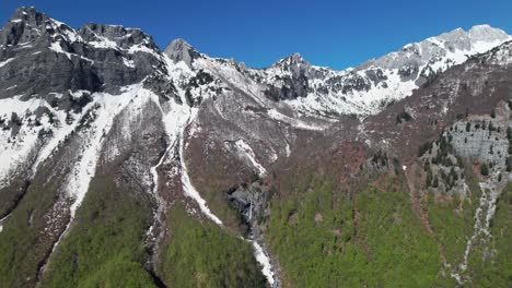 Early-spring-day-in-alpine-mountains-covered-in-snow-and-green-forests