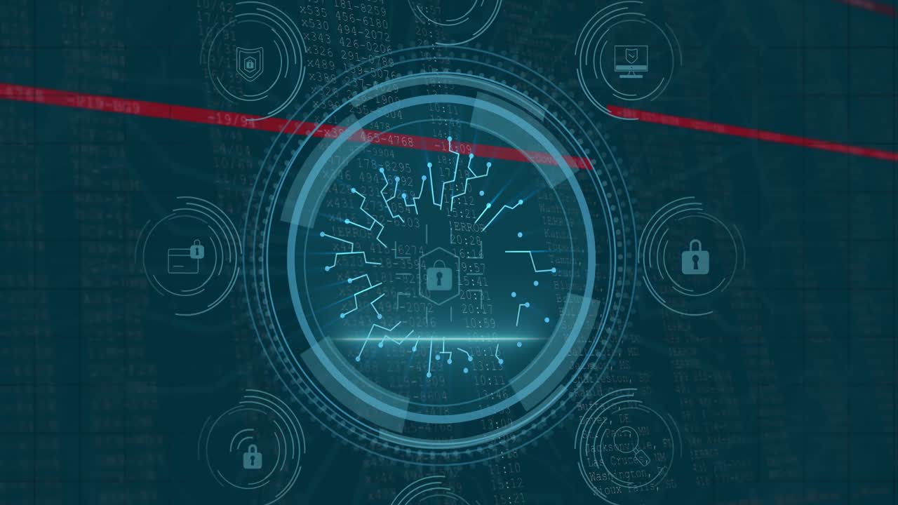 animación del procesamiento de datos y el candado sobre fondo azul