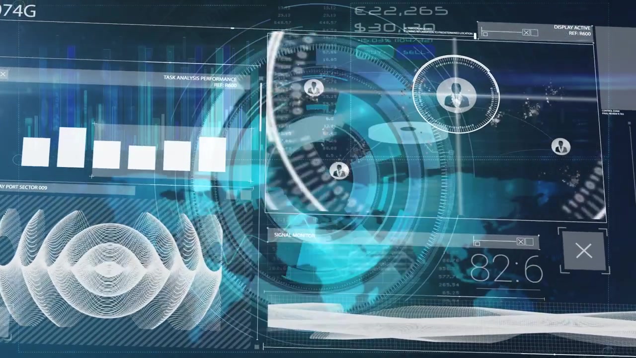 All'aggiornamento dei dati, HUD olografico che anima anelli rotanti dal centro verso l'esterno, barre che si alzano e aggiunge avatar per l'analisi
