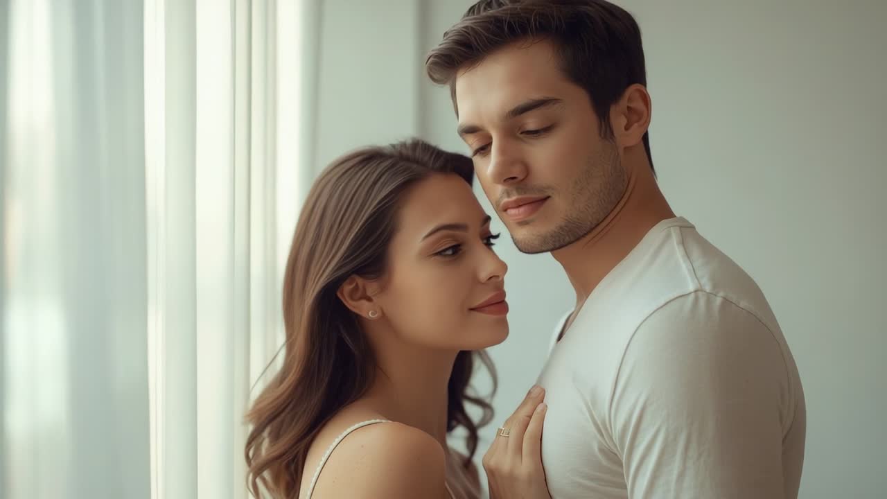 Una pareja girándose, la mujer levantando la cabeza y compartiendo una mirada junto a una ventana con visillos, con una camiseta de tirantes, preparándose para besarse.
