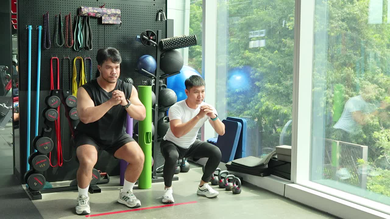 Dua orang melakukan squat yang disinkronkan di gym modern yang terang dengan jendela besar