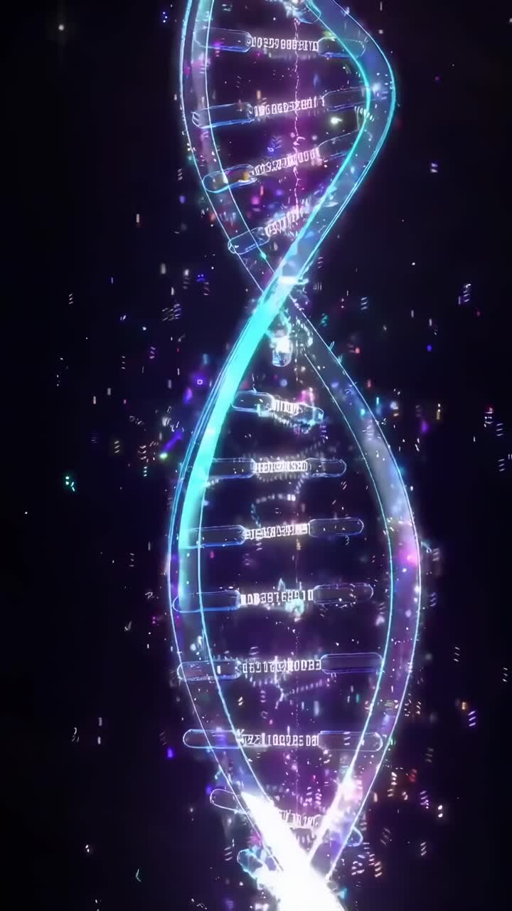 A vertical video of a glowing DNA helix, captured from a low angle, in a cosmic style