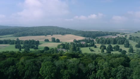 drone shot rising over treetops to reveal beautiful english countryside