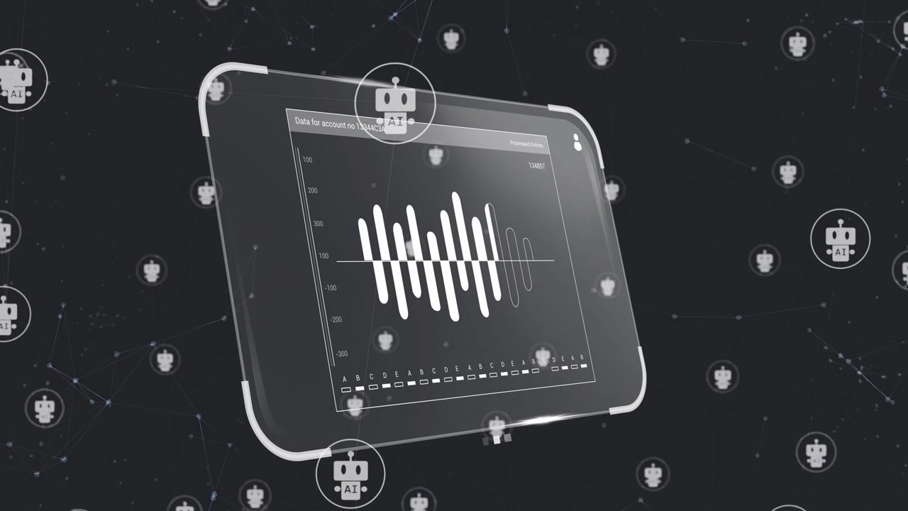 Particle flare sparking tablet rotating and showing waveform while AI icons orbiting showing data