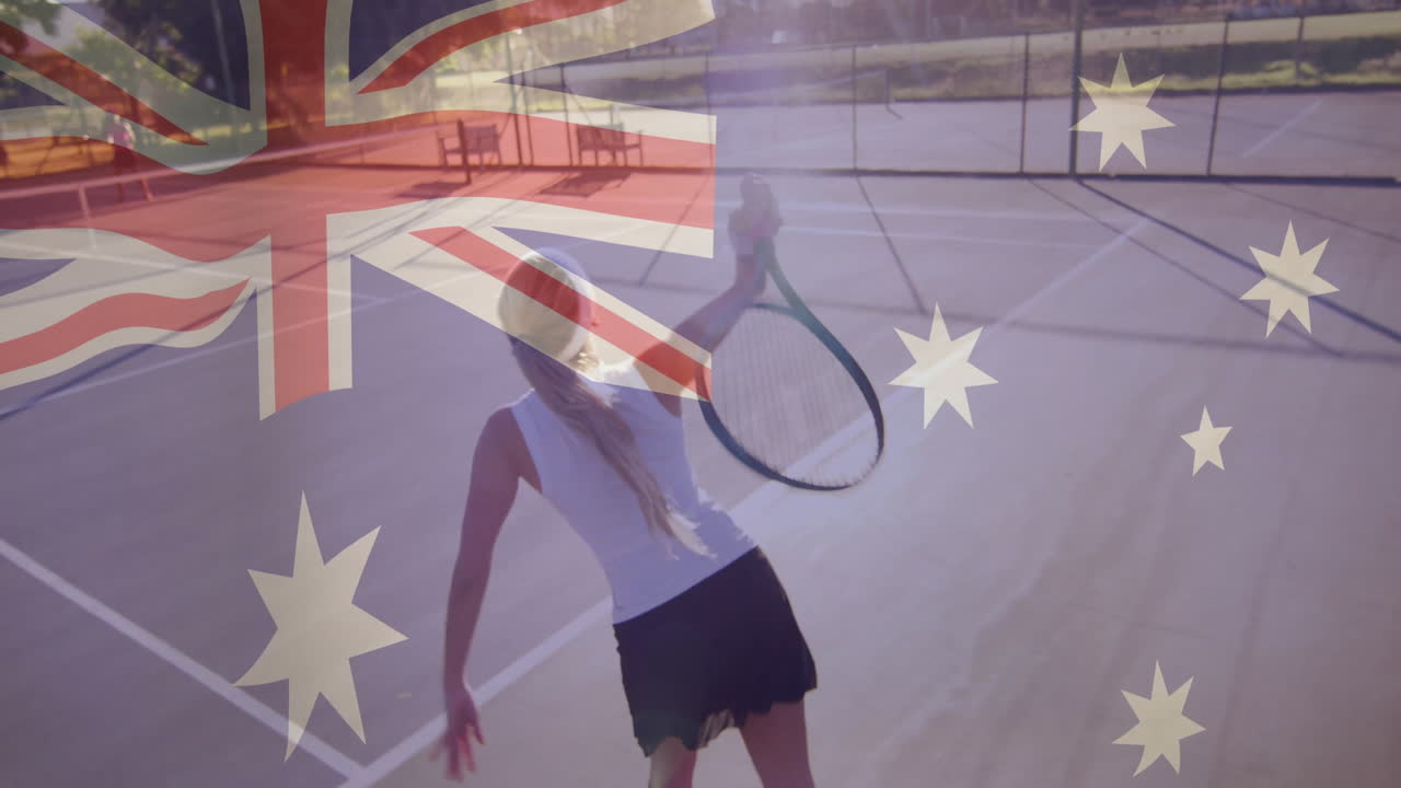Swinging racket, tennis player with Australian flag animation on court