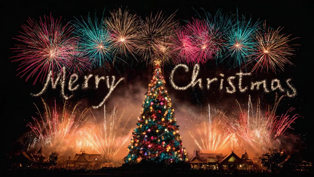 A Spectacular Christmas Celebration Featuring a Beautifully Decorated Tree Surrounded by Colorful Fireworks Lighting Up the Night Sky in Joyful Festivity