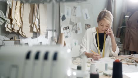 Woman-Tailor-Sitting-At-The-Table-Choosing-Clothes-Pieces-In-Workshop