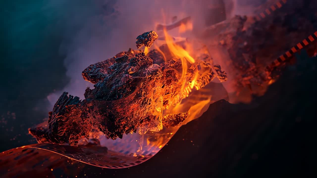 Film strip igniting by spark, flame growing and curling edges in studio, with drifting embers