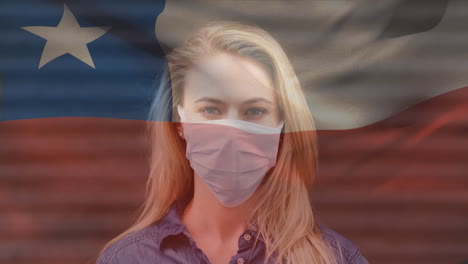 animation of flag of chile waving over woman wearing face mask during covid 19 pandemic