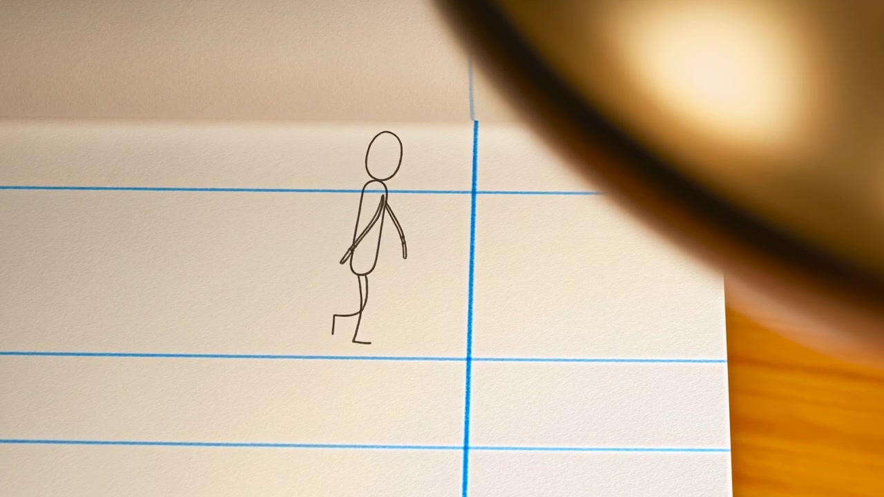 A simple hand-drawn stick figure appears on lined notebook paper with blue ruling, shown in a soft blurred indoor scene with warm light and shallow depth