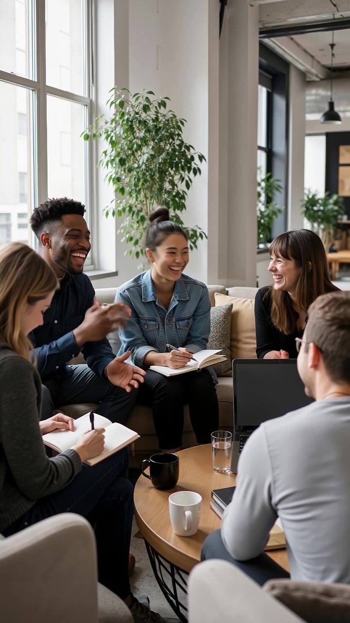 Grupo diverso de jovens colegas felizes conversando e rindo durante uma reunião de negócios informal em um lounge de escritório.