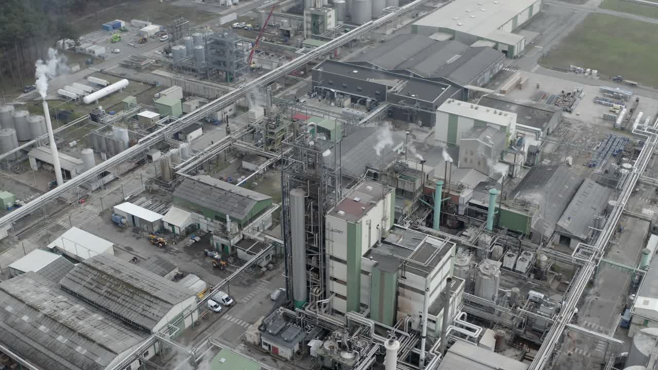 DRT biomass plant steam emissions, Vielle-Saint-Girons, France. Aerial top-down view