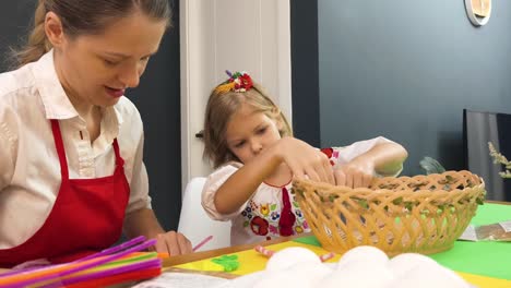mother and daughter decorating easter eggs