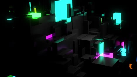 abstract looped 4k fondo oscuro cubos de neón bombillas. visualización de trabajo ai big data o tecnología blockchain. diferentes tamaños de cubos red parpadeando luz de neón multicolor, como la ciudad nocturna.