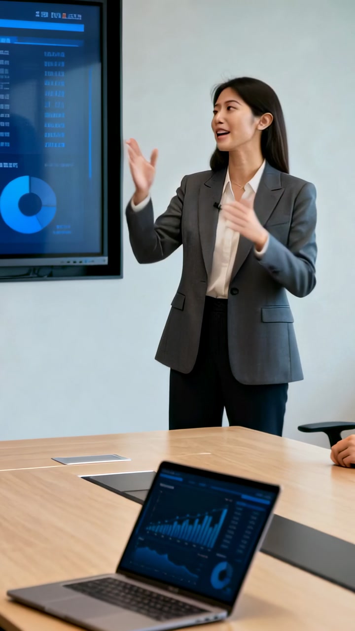 Presenting Asian woman gesturing and explaining at table, laptop and pie chart, grey blazer
