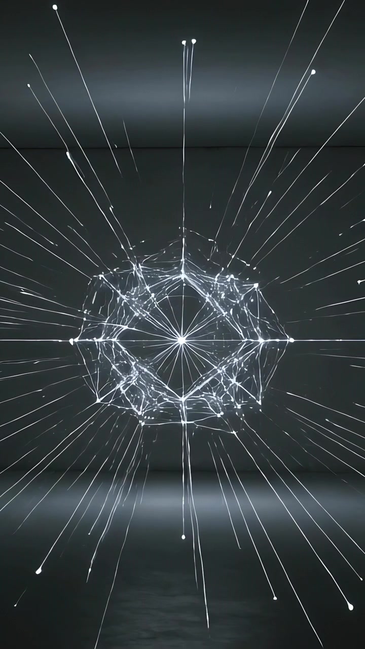 Vertical video: Appearing point-cloud growing LED art, sending filaments on dark wall floor gallery
