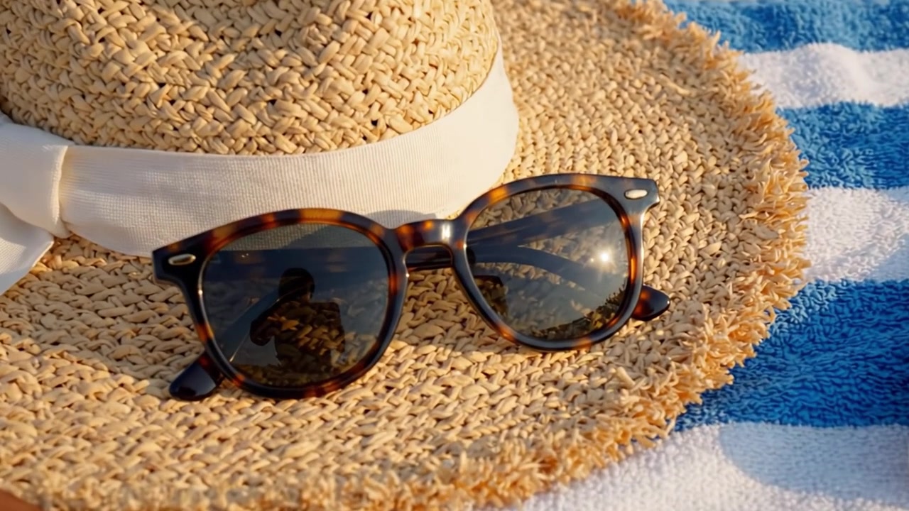 Un escenario de playa relajante con un elegante sombrero de paja, gafas de sol, conchas marinas y chanclas sobre una toalla de colores vivos para un ambiente veraniego perfecto.