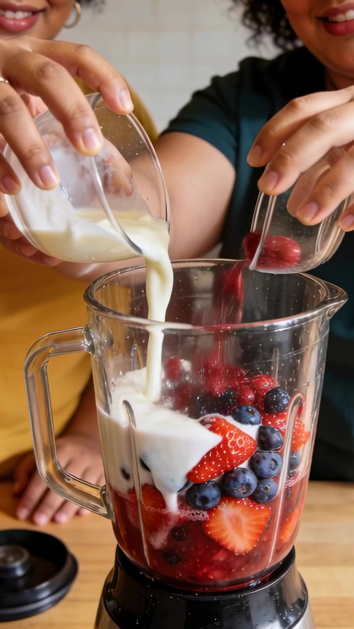 Video verticale: Due donne versano latte e aggiungono frutti di bosco nel frullatore, preparando un frullato.