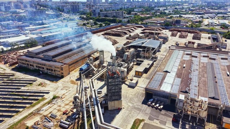 Industrial site showing manufacturing buildings and smoke from chimneys during daytime in a busy urban area