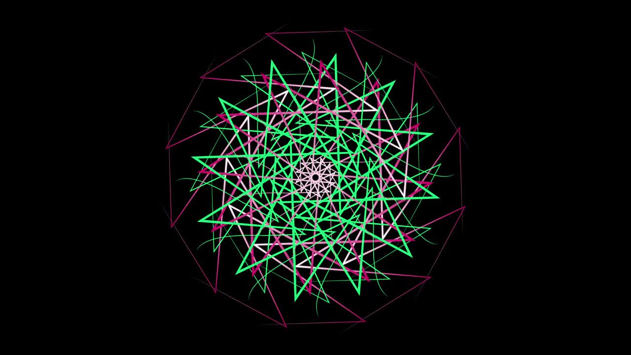 patrón giratorio hipnótico de líneas geométricas de colores. animación de stock. patrón colorido de líneas curvas crea efecto caleidoscopio en fondo negro