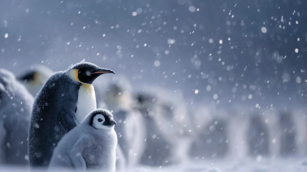 An enchanting scene captured in a cold, snowy environment showcasing a majestic adult penguin standing protectively beside its adorable fluffy chick, surrounded by a community of penguins in a serene winter wonderland